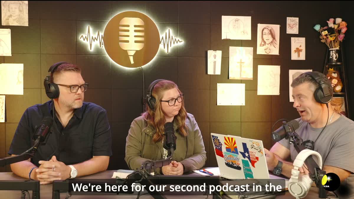 Three people recording a Real Vida podcast